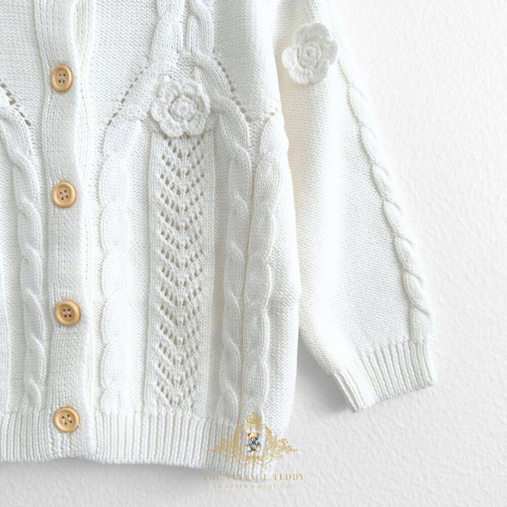 NWT Lovely Girls Cardigan Sweater Knitted Long Sleeve Flower Design White 2-3T - Picture 4 of 4